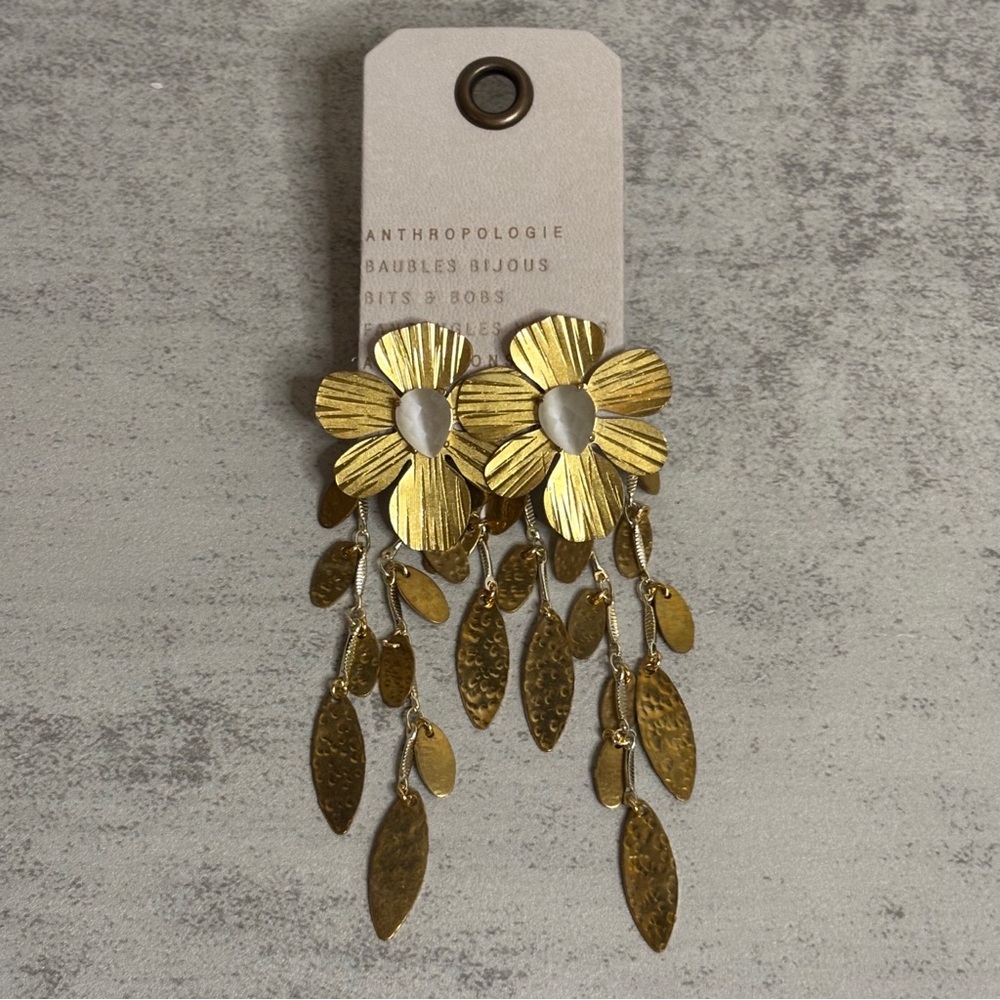 Anthropologie Floating Petals Drop Earrings in White and Gold